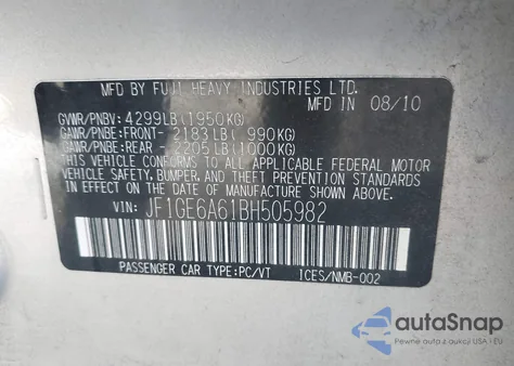 2011 Subaru Impreza 2.5I z USA, uszkodzony, nr VIN JF1GE6A61BH505982